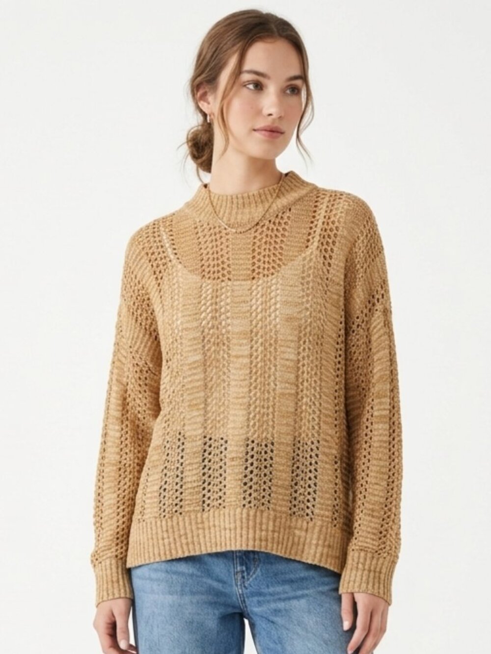 DIP Sweater Tan Pullover Mock Neck Open Knit Casual Boho XL NWT
